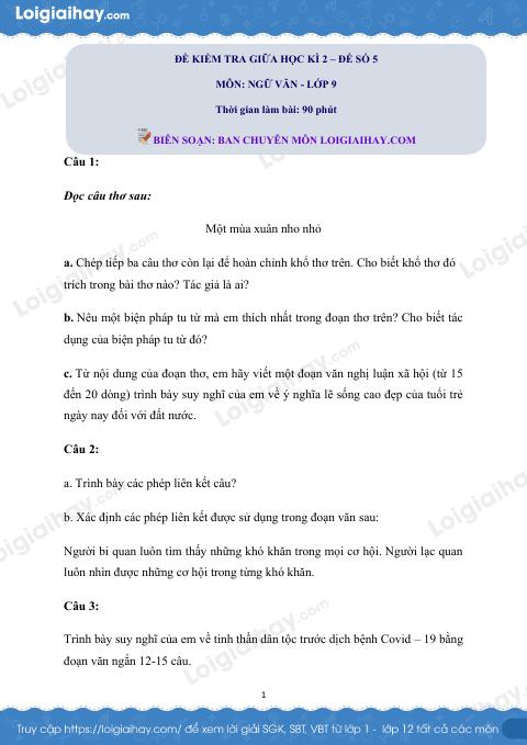Đề thi giữa kì 2 Văn 9 - Đề số 3 - chương trình cũ